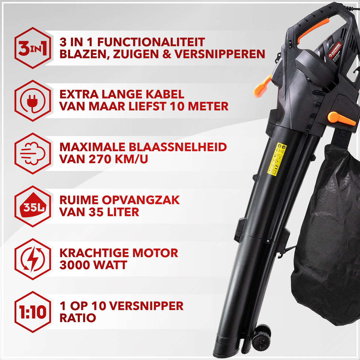 Souffleur de feuilles électrique JACKMEND avec sac de collecte de 35 L - 3000 W filaire, vitesse de l'air 270 km/h - 15 000 tr/min