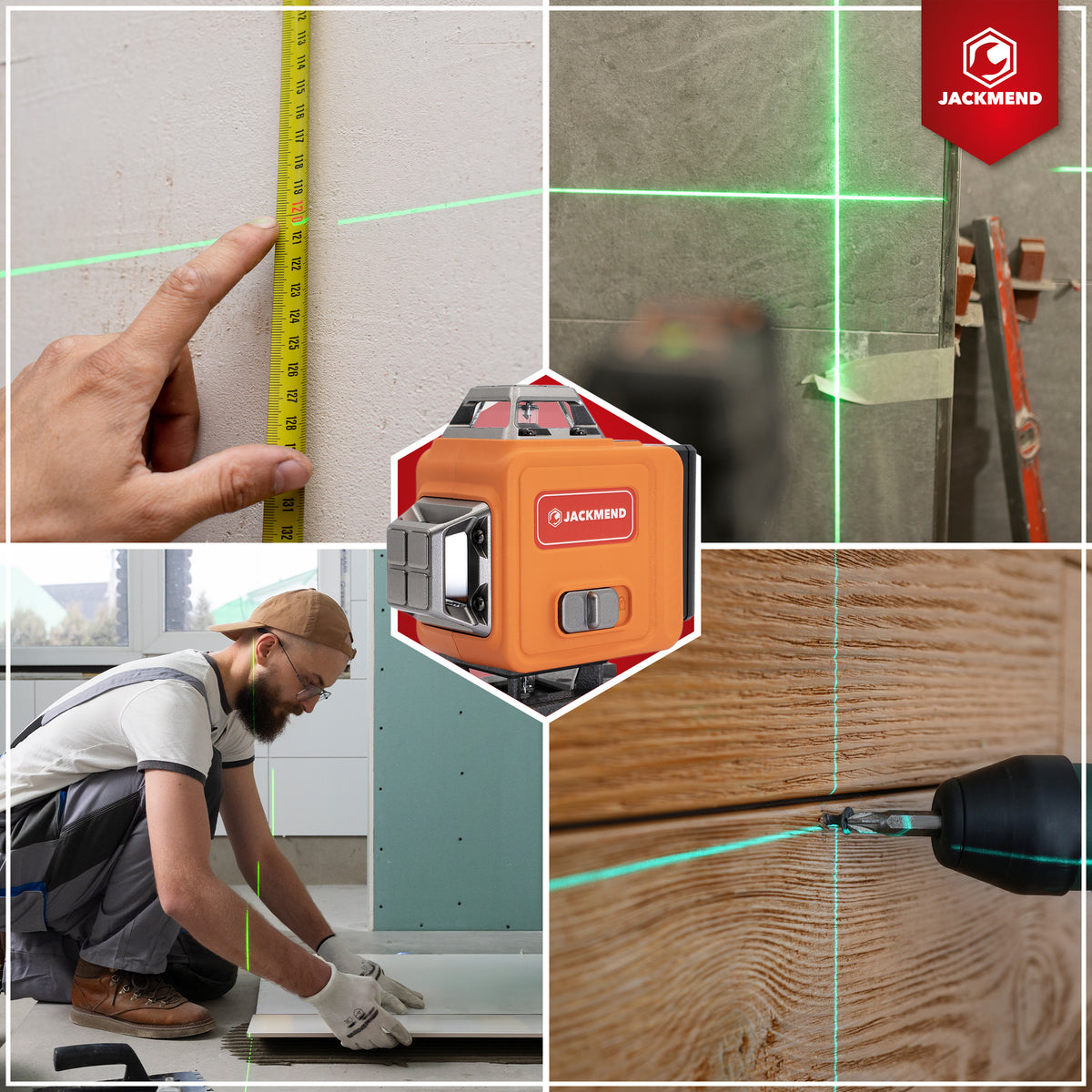 Laser croix 4D JACKMEND avec trépied de 1,45 m, 4 à 16 lignes - Portée de 50 mètres