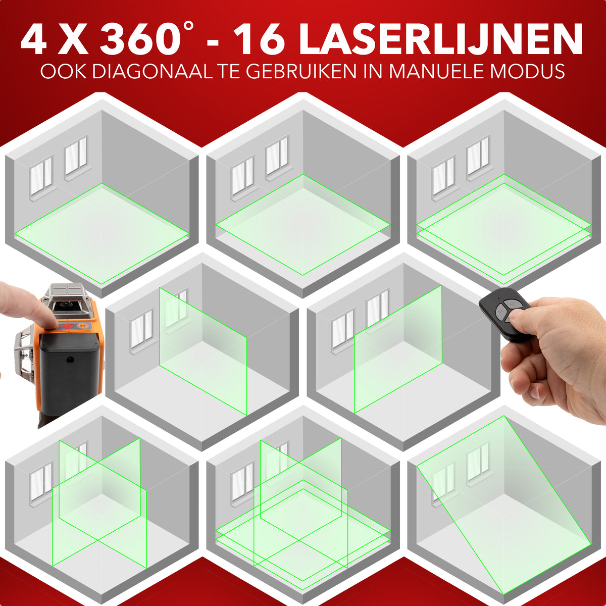 Laser croix 4D JACKMEND avec trépied de 1,45 m, 4 à 16 lignes - Portée de 50 mètres