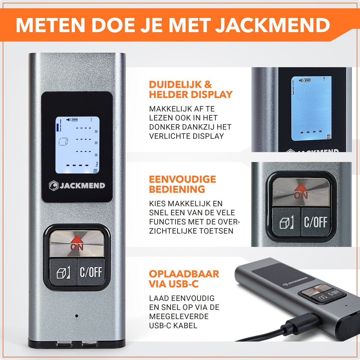 Jackmend Laserafstandsmeter - Oplaadbaar - Digitale Afstandsmeter met LED-Scherm en Draagkoord